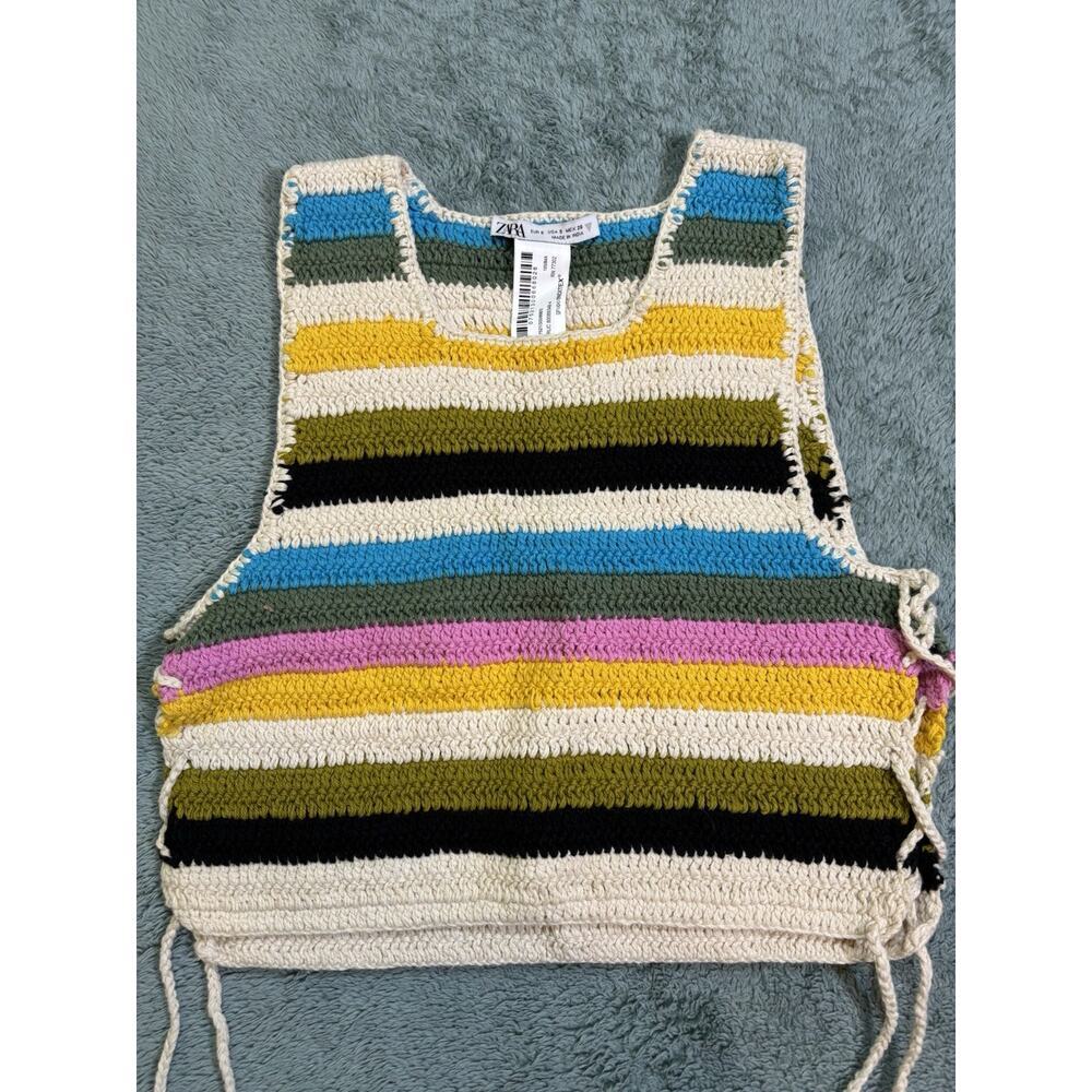 ZARA Cotton Multicolor Striped Crochet Cropped Sleeveless Tank Top Size S
